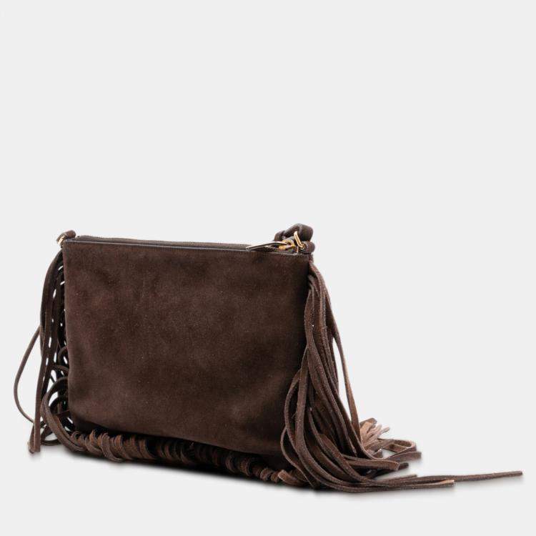Pre Owned Saint Laurent Paris Brown Suede Monogram Fringe Crossbody