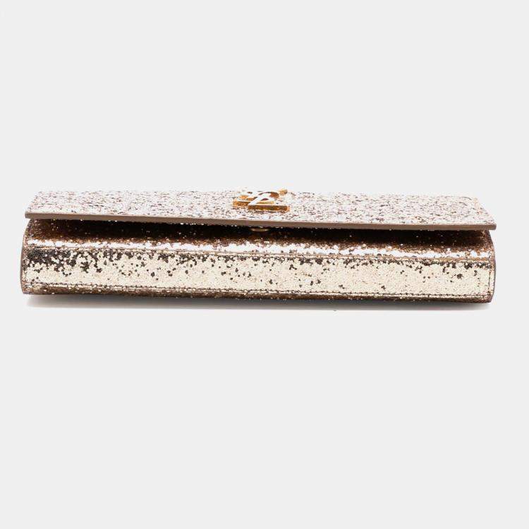 Pre Owned Saint Laurent Paris Gold Glitter Monogram Kate Wallet on Chain