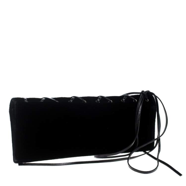 Pre Owned Yves Saint Laurent Black Velvet Lace Up Clutch