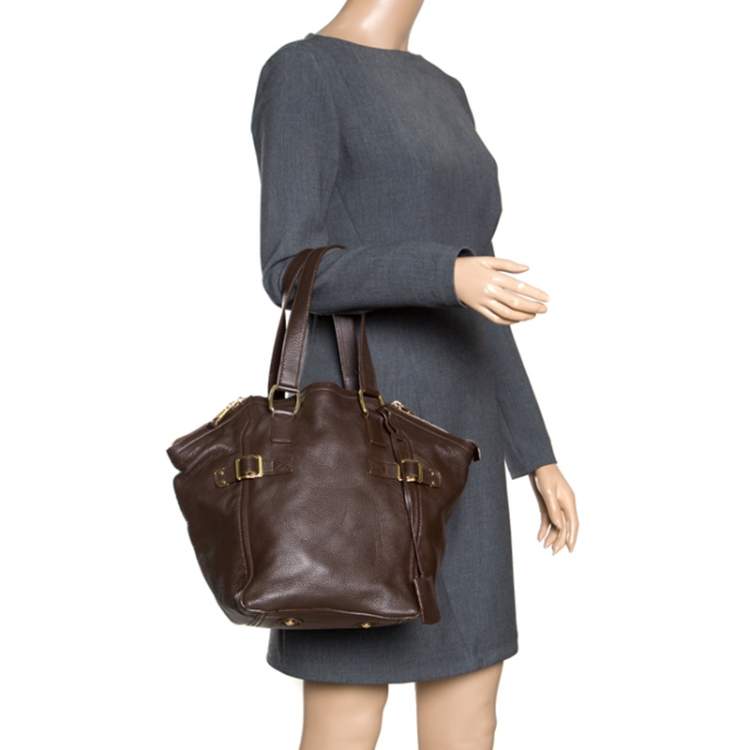 Saint Laurent Small Monogram Downtown Cabas Leather Tote Bag in Brown