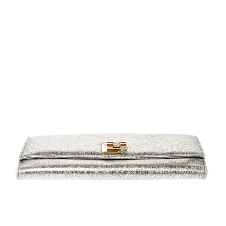 Pre Owned Yves Saint Laurent Grey Metallic Leather Turn Lock Flap Wallet
