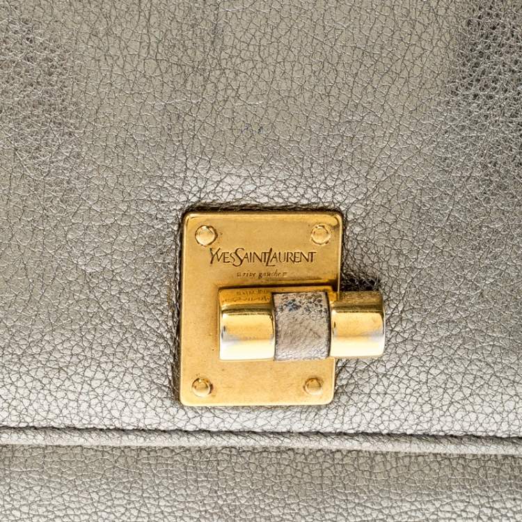 Pre Owned Yves Saint Laurent Grey Metallic Leather Turn Lock Flap Wallet