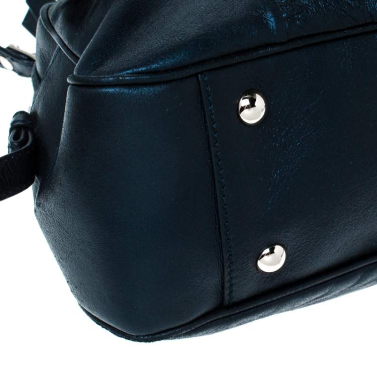 Pre Owned Saint Laurent Paris Dark Navy Blue Pleated Bow Leather Satchel