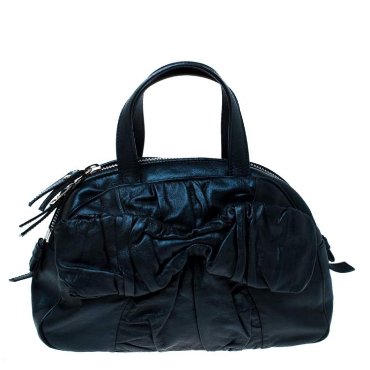 Pre Owned Saint Laurent Paris Dark Navy Blue Pleated Bow Leather Satchel