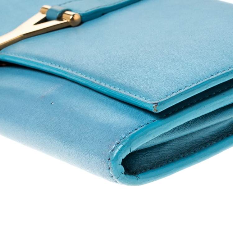 Pre Owned Saint Laurent Paris Light Blue Leather Y Line Flap Wallet