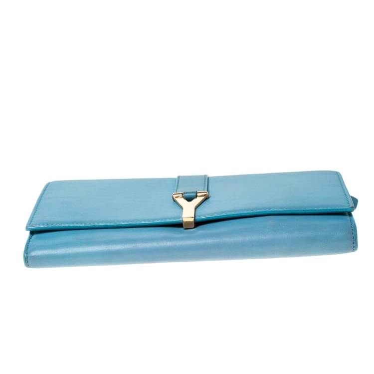 Pre Owned Saint Laurent Paris Light Blue Leather Y Line Flap Wallet