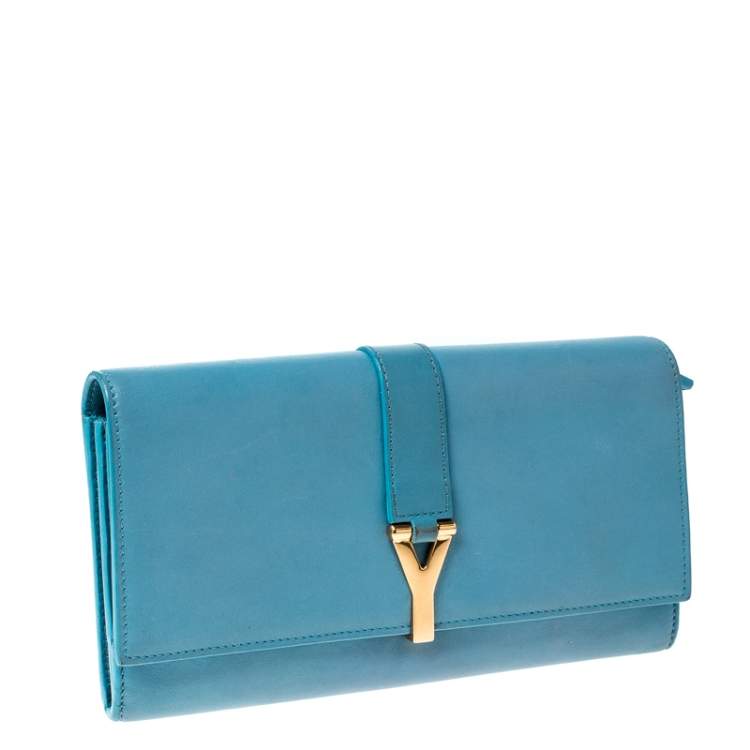 Pre Owned Saint Laurent Paris Light Blue Leather Y Line Flap Wallet