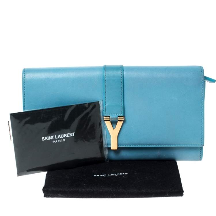 Pre Owned Saint Laurent Paris Light Blue Leather Y Line Flap Wallet