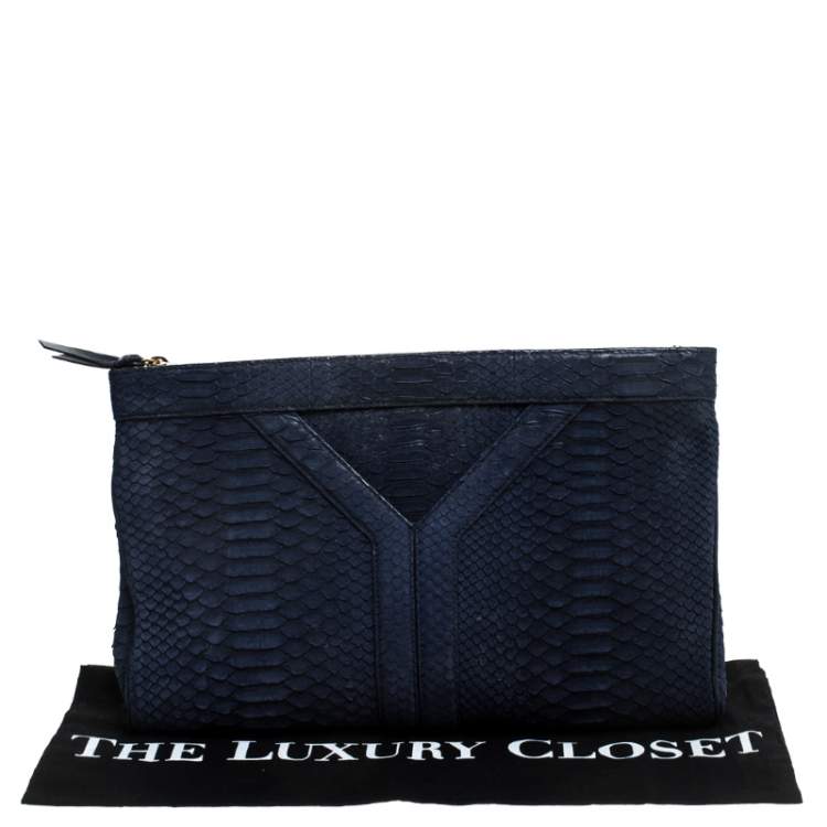 Pre Owned Yves Saint Laurent Navy Blue Python Leather Zip Clutch