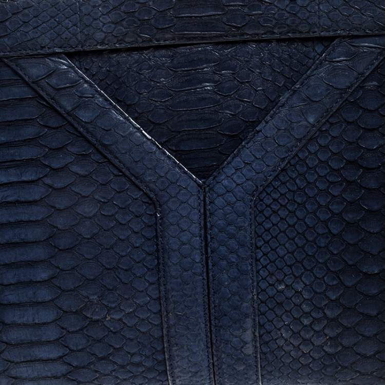 Pre Owned Yves Saint Laurent Navy Blue Python Leather Zip Clutch