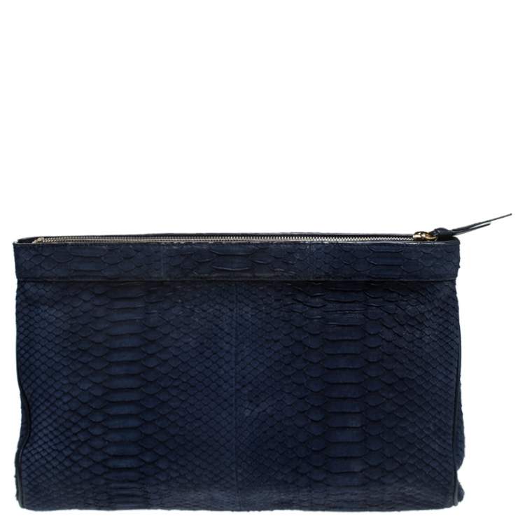 Pre Owned Yves Saint Laurent Navy Blue Python Leather Zip Clutch