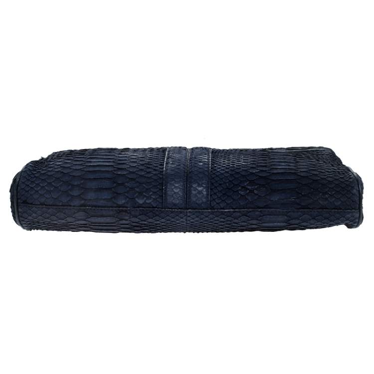 Pre Owned Yves Saint Laurent Navy Blue Python Leather Zip Clutch