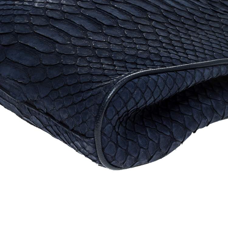 Pre Owned Yves Saint Laurent Navy Blue Python Leather Zip Clutch