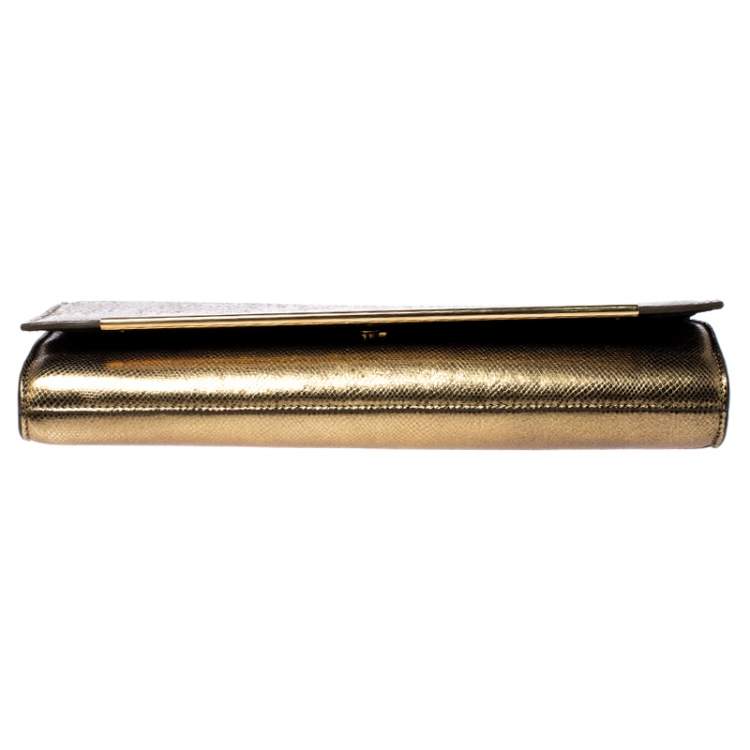 مملوكة مسبقًا  Saint Laurent Gold Snakeskin Embossed Leather Poche Lutetia Clutch