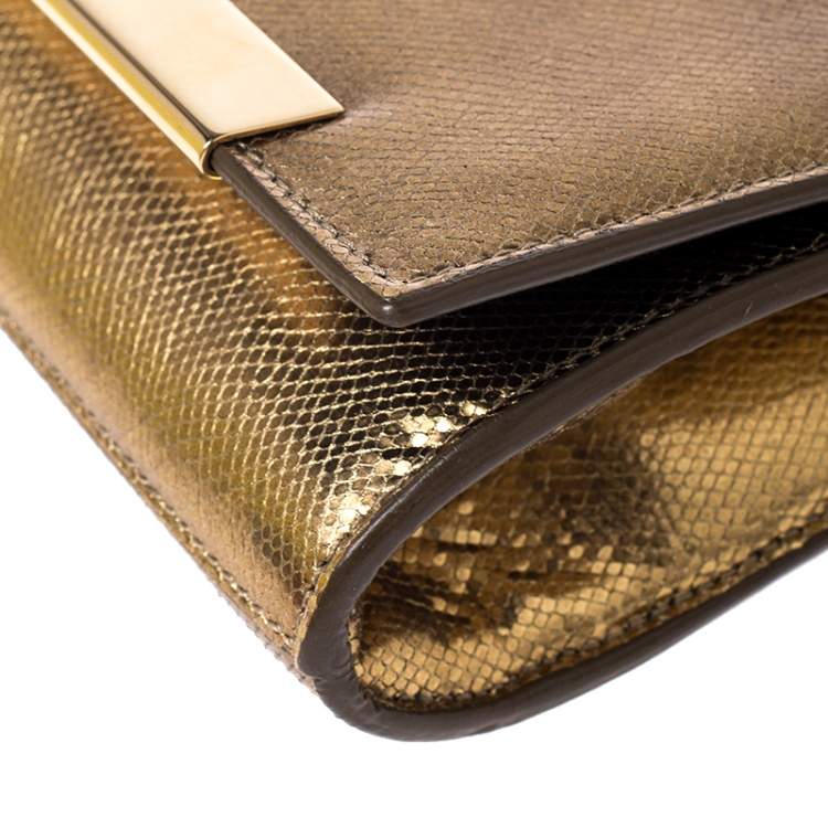 مملوكة مسبقًا  Saint Laurent Gold Snakeskin Embossed Leather Poche Lutetia Clutch
