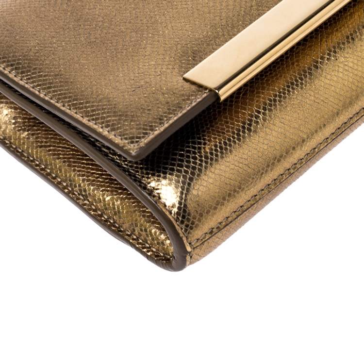 مملوكة مسبقًا  Saint Laurent Gold Snakeskin Embossed Leather Poche Lutetia Clutch