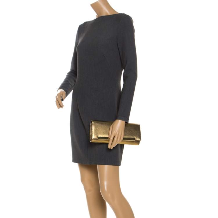 مملوكة مسبقًا  Saint Laurent Gold Snakeskin Embossed Leather Poche Lutetia Clutch