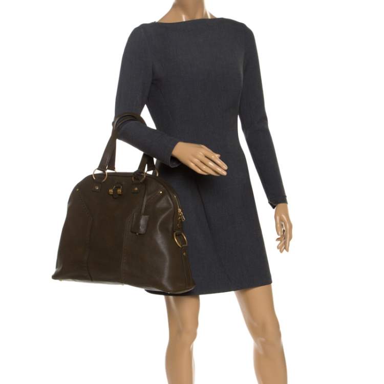 Pre Owned Saint Laurent Olive Green Leather Oversized Muse Satchel