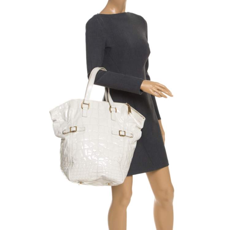 Pre Owned Yves Saint Laurent White Croc Embossed Patent Leather Medium Downtown Tote