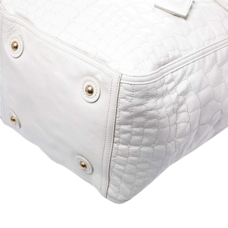 Pre Owned Yves Saint Laurent White Croc Embossed Patent Leather Medium Downtown Tote