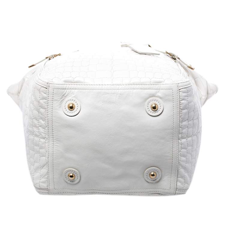Pre Owned Yves Saint Laurent White Croc Embossed Patent Leather Medium Downtown Tote