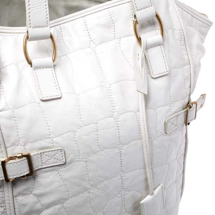 Pre Owned Yves Saint Laurent White Croc Embossed Patent Leather Medium Downtown Tote