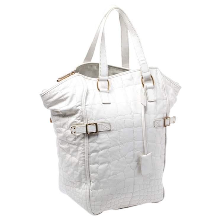 Pre Owned Yves Saint Laurent White Croc Embossed Patent Leather Medium Downtown Tote