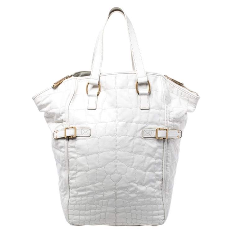 Pre Owned Yves Saint Laurent White Croc Embossed Patent Leather Medium Downtown Tote