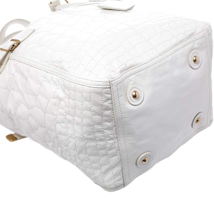 Pre Owned Yves Saint Laurent White Croc Embossed Patent Leather Medium Downtown Tote