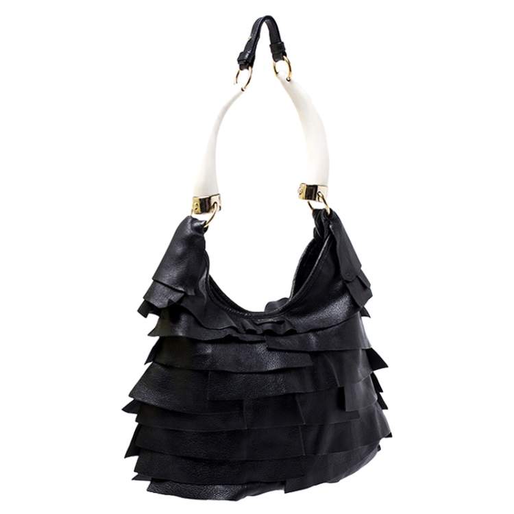 Pre Owned Saint Laurent Paris Black Ruffle Leather St Tropez Horn Hobo