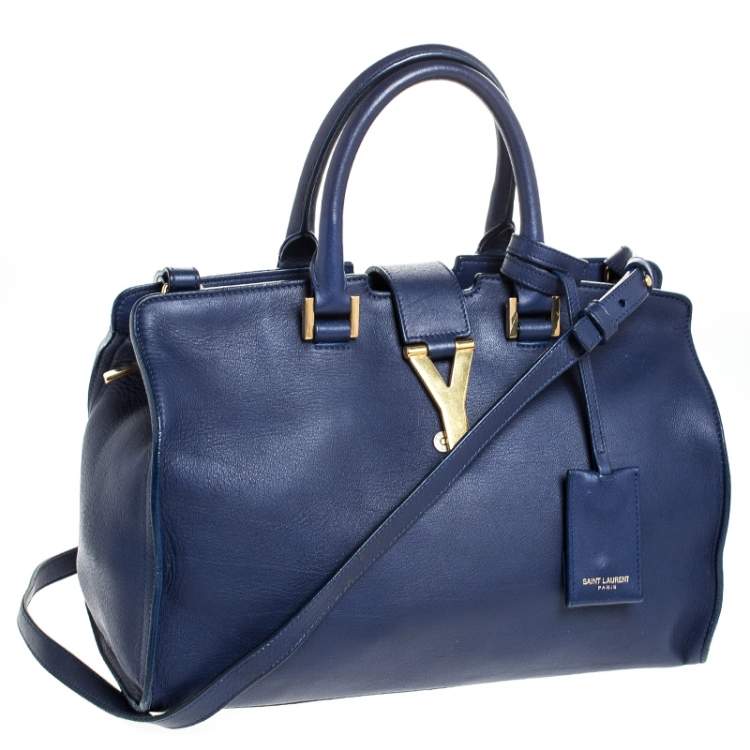 Pre Owned Saint Laurent Paris Blue Leather Small Cabas Chyc Tote