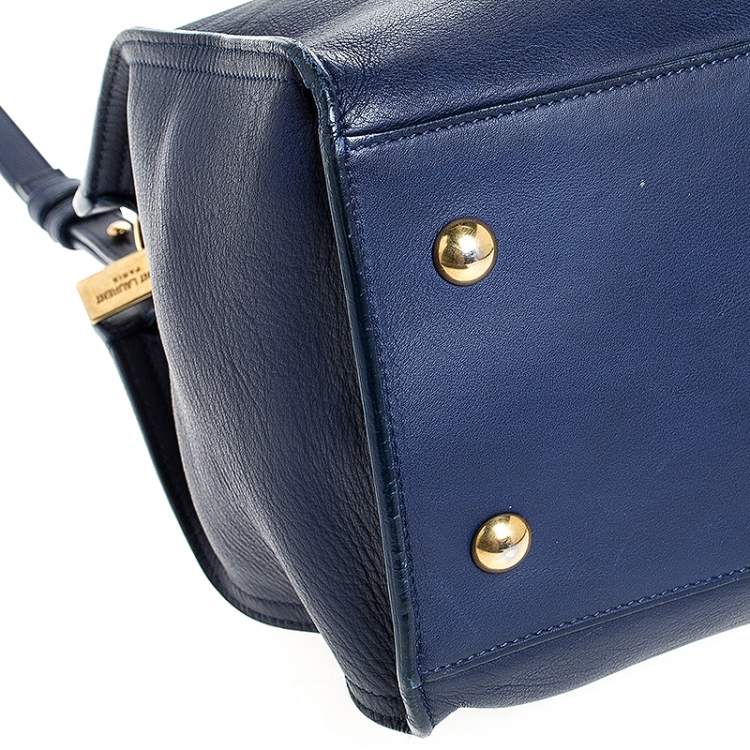 Pre Owned Saint Laurent Paris Blue Leather Small Cabas Chyc Tote