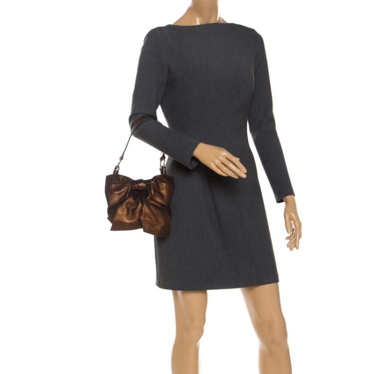 Pre Owned Yves Saint Laurent Metallic Bronze Leather Mini Sac Bow Shoulder Bag