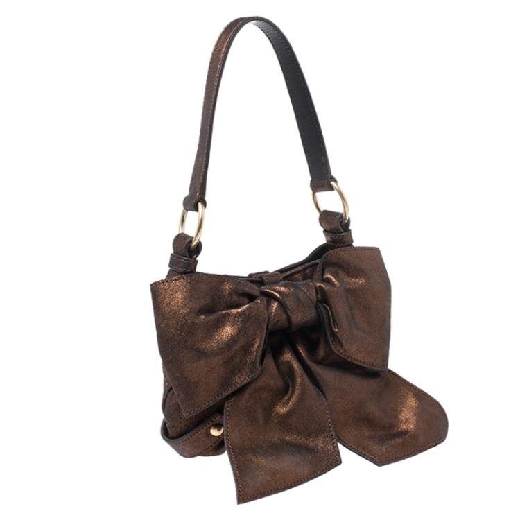 Pre Owned Yves Saint Laurent Metallic Bronze Leather Mini Sac Bow Shoulder Bag