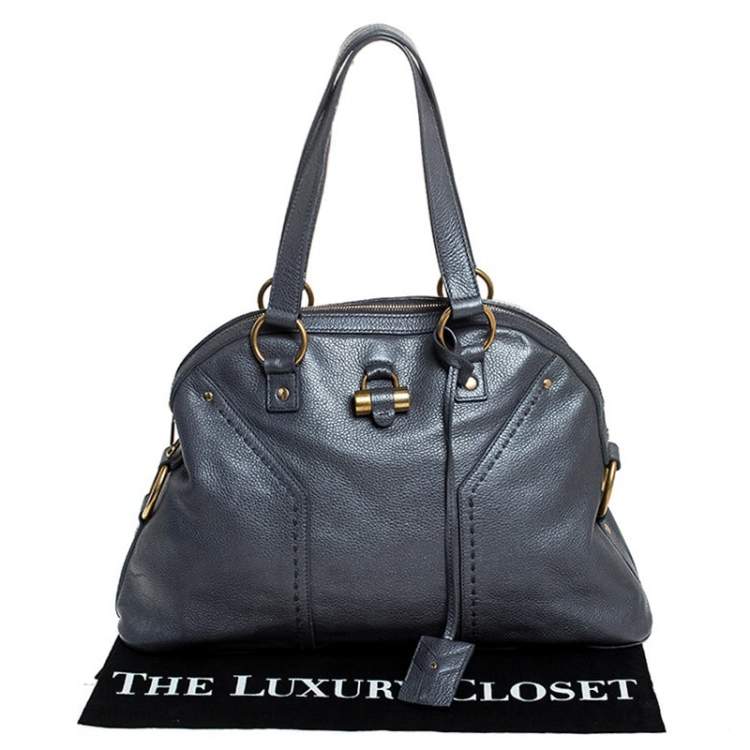 Pre Owned Yves Saint Laurent Metallic Grey Leather Medium Muse Satchel