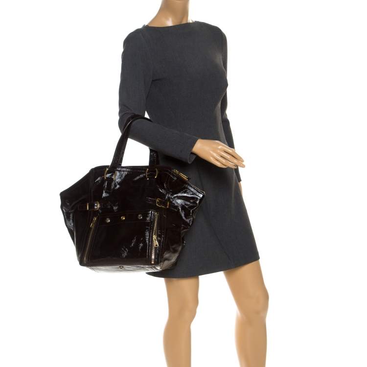 Pre Owned Saint Laurent Paris Brown Patent Leather Medium Downtown Tote