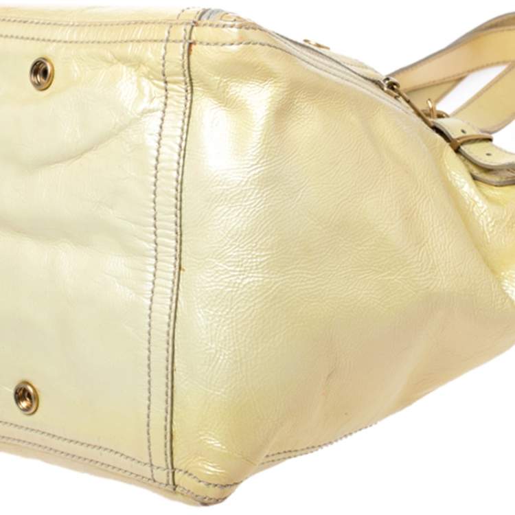 Pre Owned Yves Saint Laurent Metallic Yellow Patent Leather Small Downtown Tote