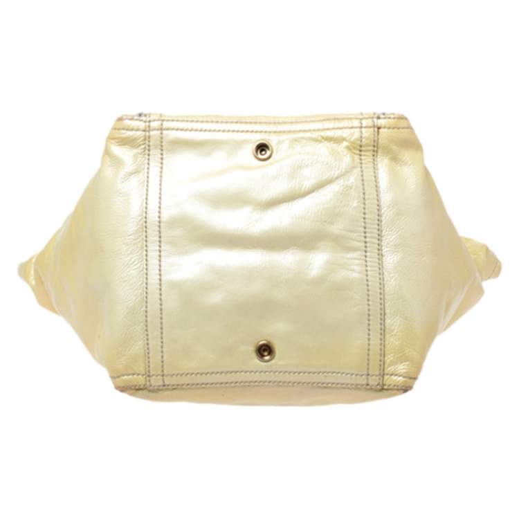 Pre Owned Yves Saint Laurent Metallic Yellow Patent Leather Small Downtown Tote