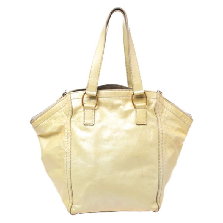 Pre Owned Yves Saint Laurent Metallic Yellow Patent Leather Small Downtown Tote