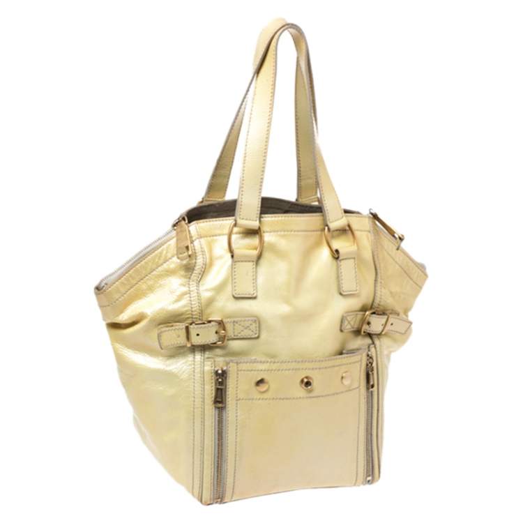 Pre Owned Yves Saint Laurent Metallic Yellow Patent Leather Small Downtown Tote