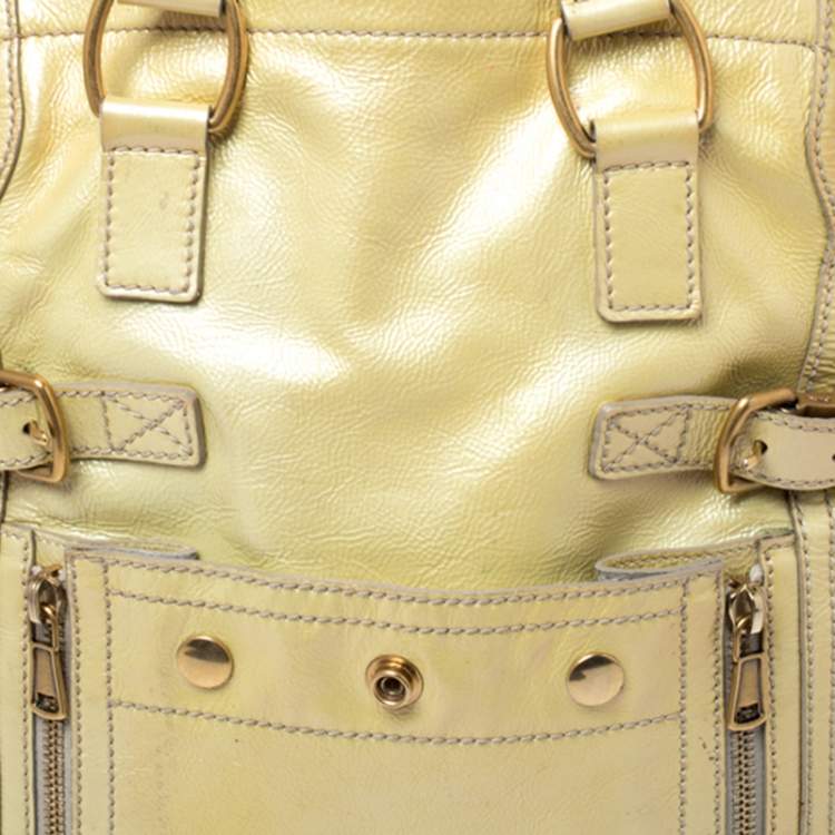 Pre Owned Yves Saint Laurent Metallic Yellow Patent Leather Small Downtown Tote