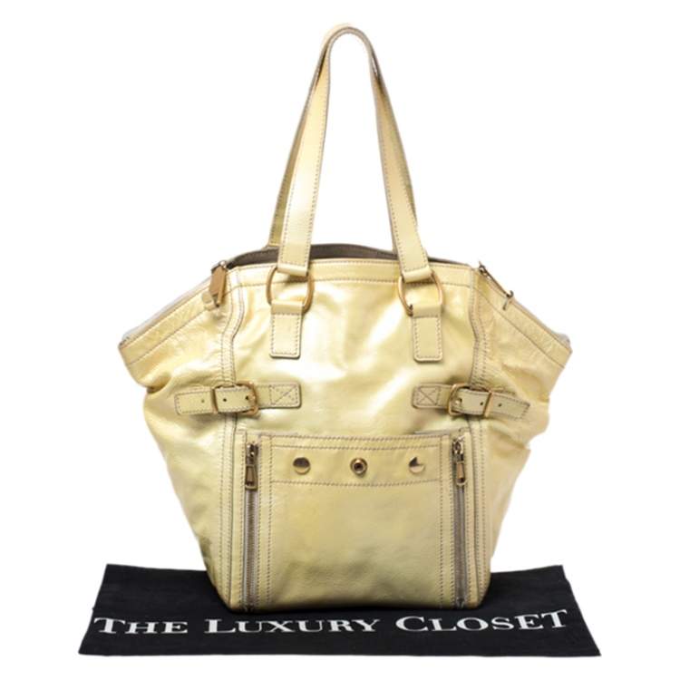 Pre Owned Yves Saint Laurent Metallic Yellow Patent Leather Small Downtown Tote