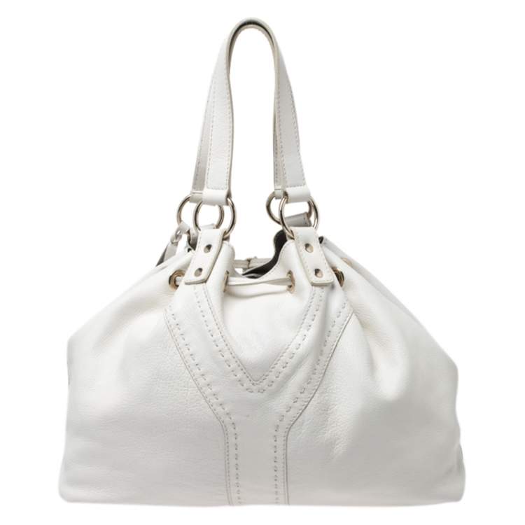 Pre Owned Yves Saint Laurent White/Grey Leather Reversible Double Sac Y Tote