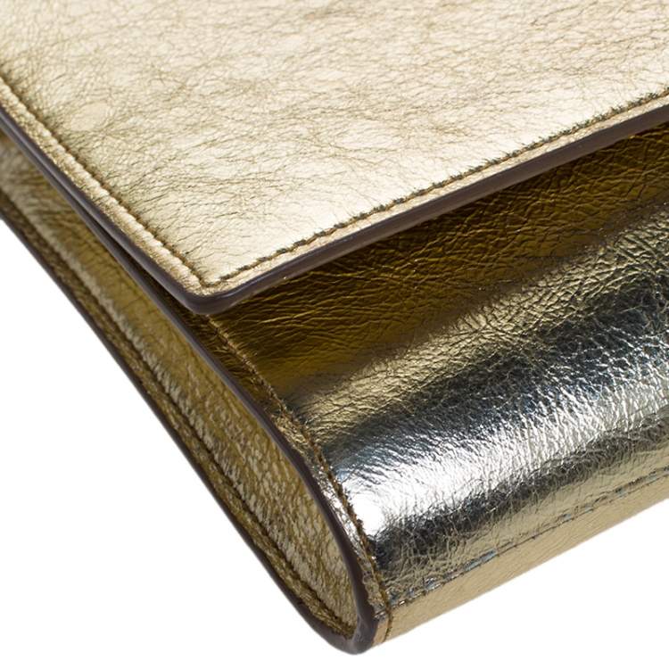 Pre Owned Saint Laurent Metallic Gold Leather Belle De Jour Flap Clutch