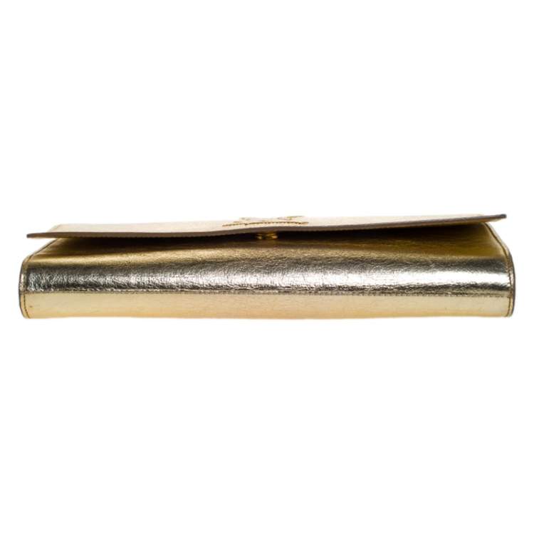 Pre Owned Saint Laurent Metallic Gold Leather Belle De Jour Flap Clutch