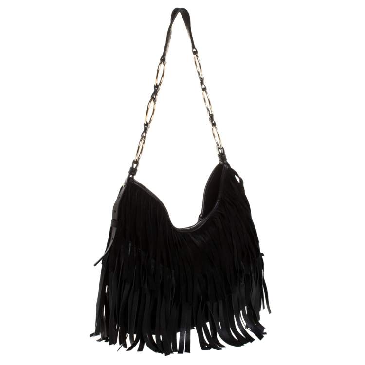 Pre Owned Saint Laurent Black Fringed Suede  and Leather La Boheme Shoulder Bag