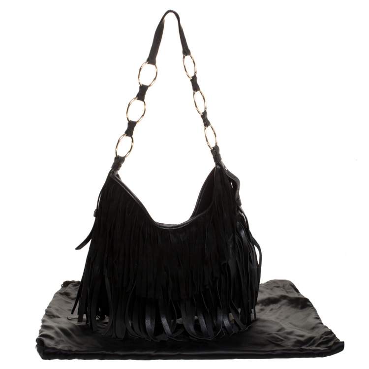 Pre Owned Saint Laurent Black Fringed Suede  and Leather La Boheme Shoulder Bag