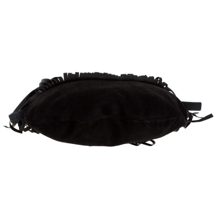 Pre Owned Saint Laurent Black Fringed Suede  and Leather La Boheme Shoulder Bag