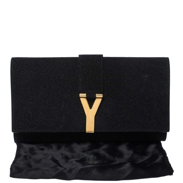 Pre Owned Saint Laurent  Black Suede Glittered Y-Ligne Clutch
