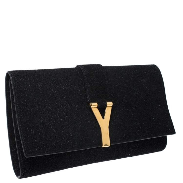 Pre Owned Saint Laurent  Black Suede Glittered Y-Ligne Clutch